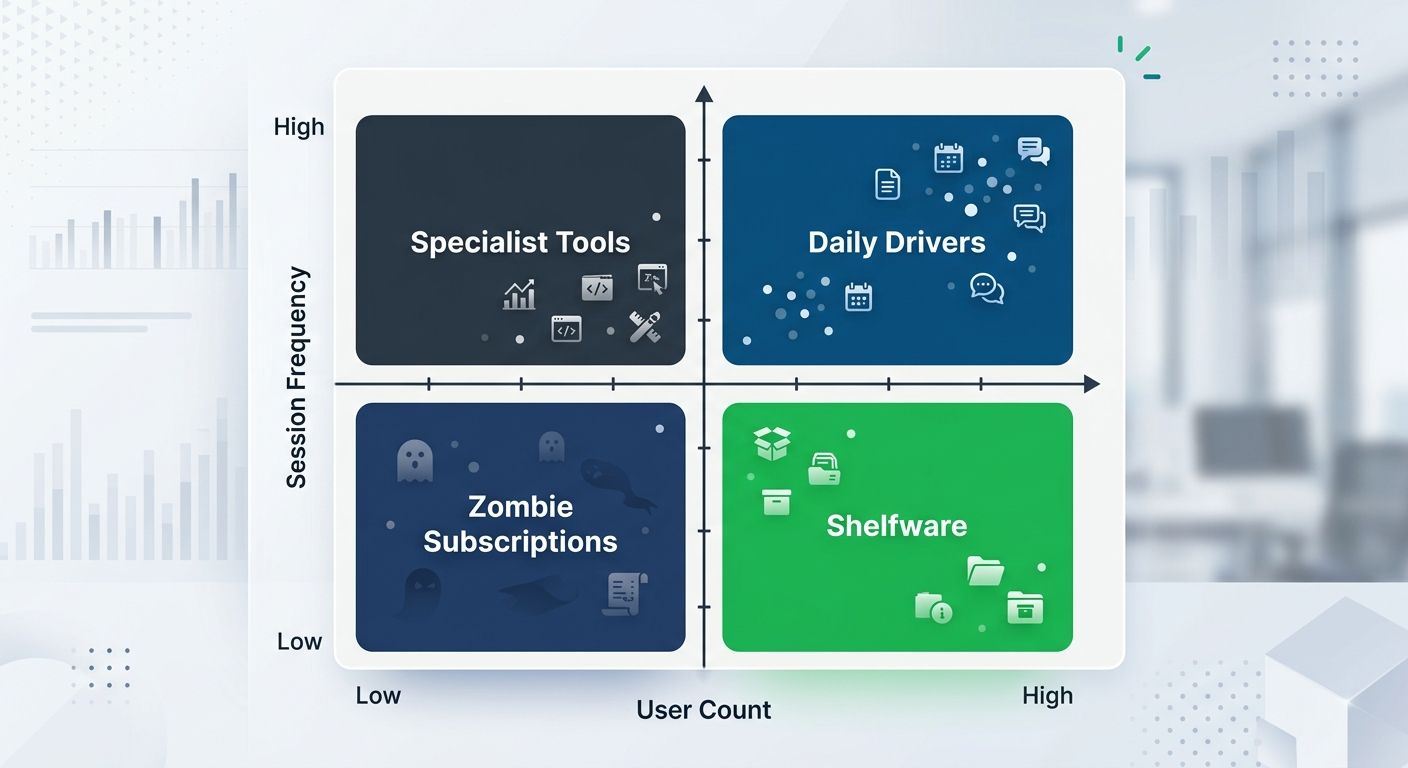 Four-quadrant matrix showing tool adoption categories (Daily Drivers, Specialist Tools, Zombie Subscriptions, Shelfware) plotted by user count on x-axis and session frequency on y-axis