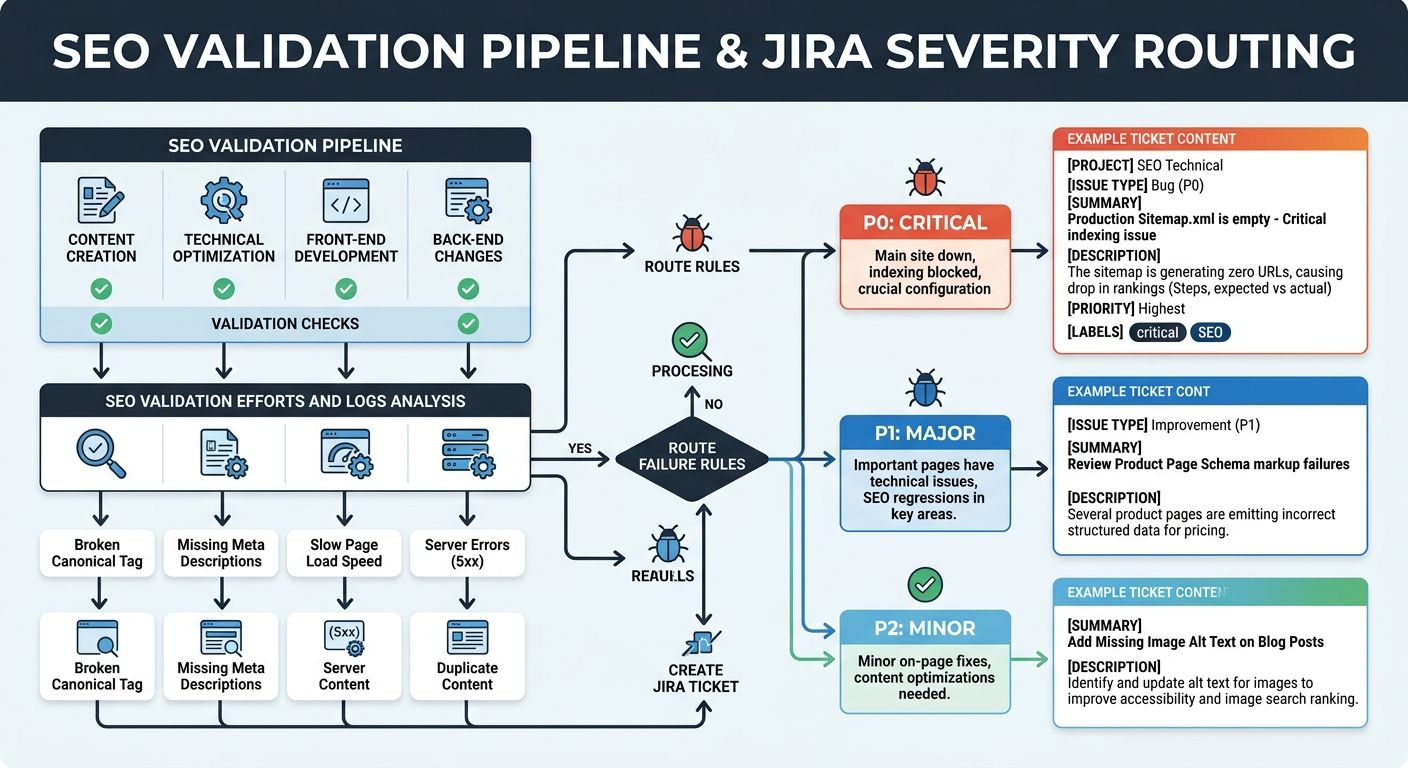 A flowchart showing how SEO validation failures at each pipeline stage route into Jira tickets with severity levels P0, P1, and P2, including example ticket contents