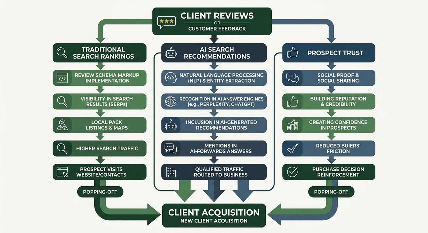a flowchart showing how client reviews feed into three channels — traditional search rankings via review schema, AI search recommendations via citation extraction, and prospect trust via social proof