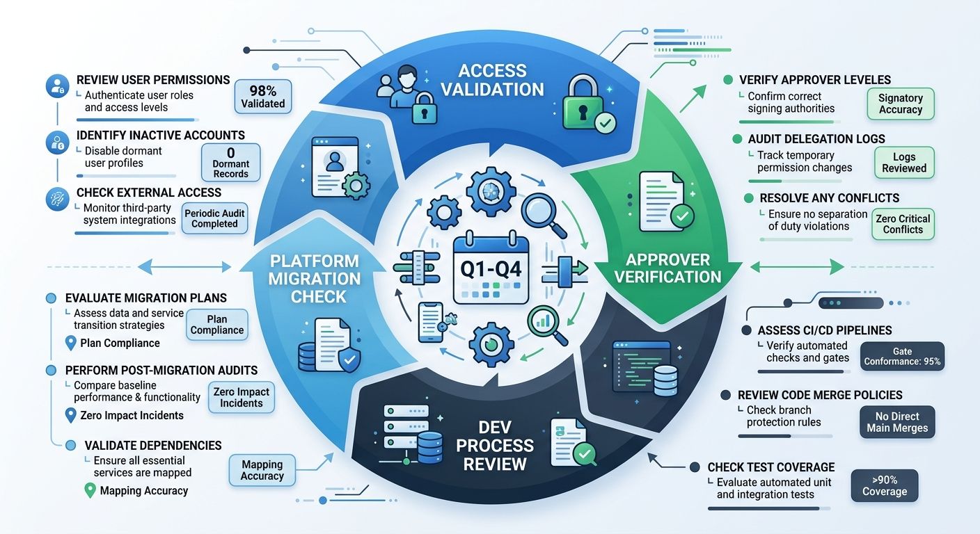 An infographic showing a circular quarterly dependency audit cycle with four quadrants: Access Validation, Approver Verification, Dev Process Review, and Platform Migration Check, each containing 2-3 