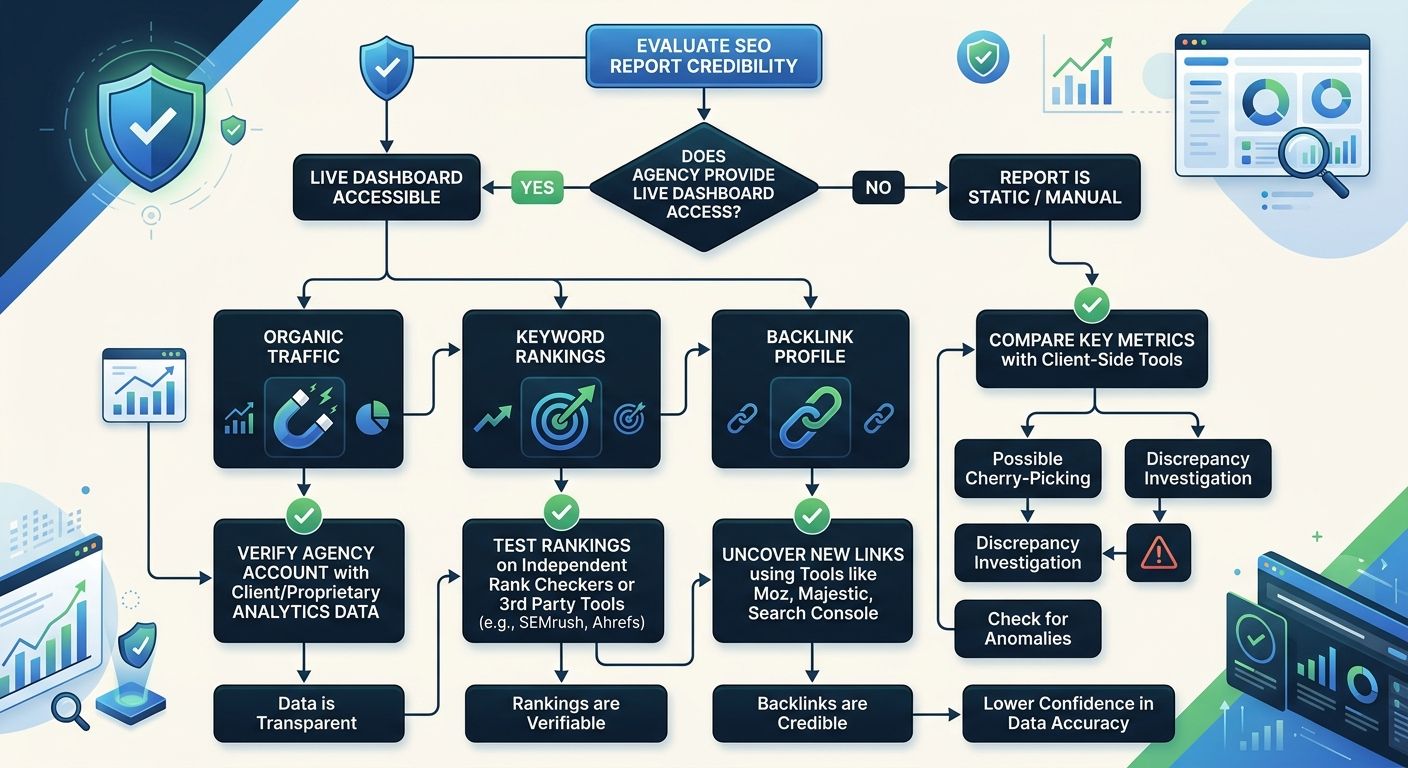 A flowchart showing the decision tree for evaluating SEO report credibility, starting with whether the agency provides live dashboard access, branching into verification steps for each data source