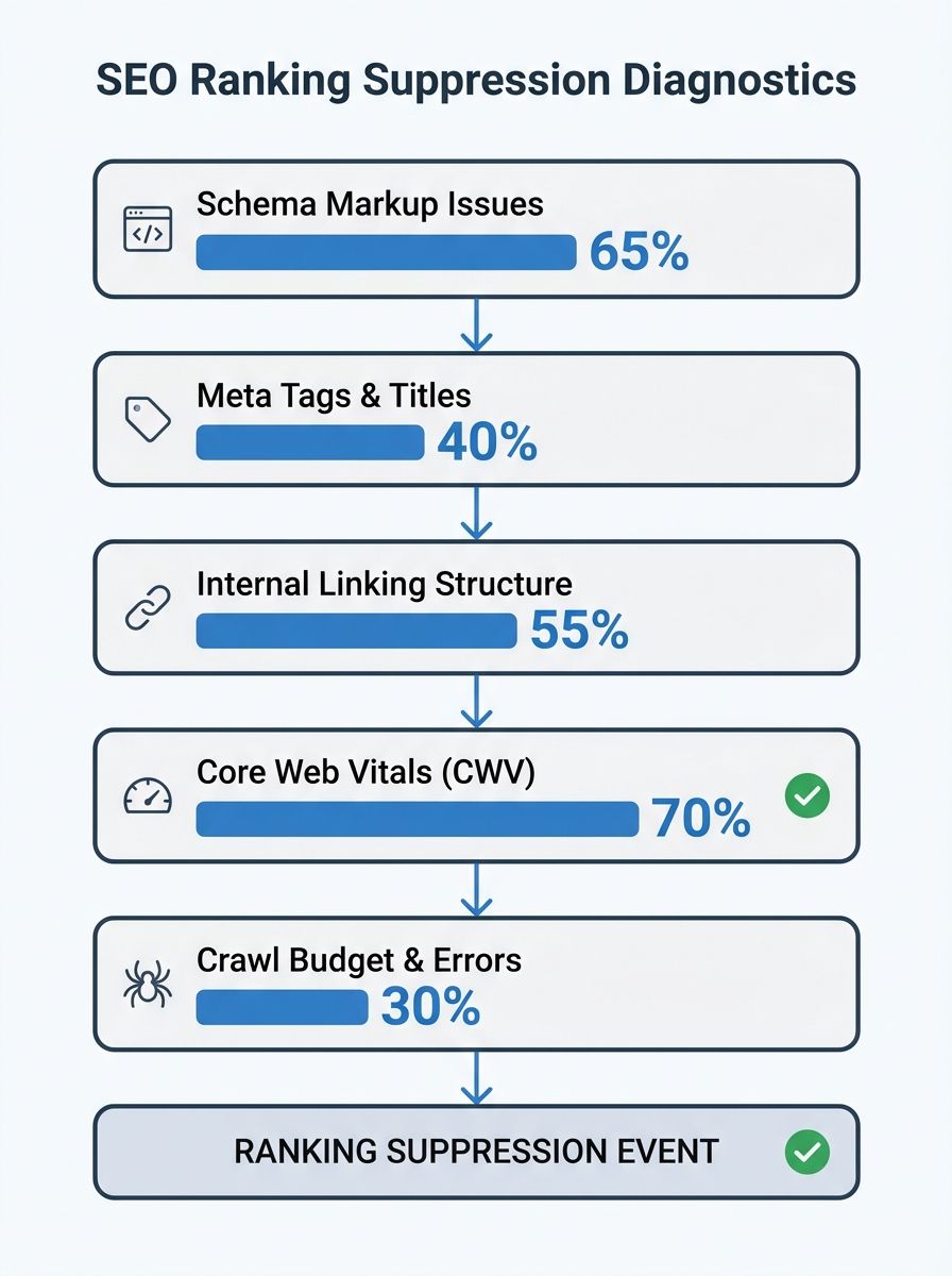 A diagnostic flowchart showing five failure categories (schema markup, meta tags, internal linking, Core Web Vitals, crawl budget) with percentage bars showing their prevalence in ranking suppression
