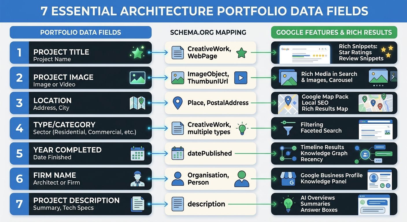 An infographic showing the 7 required portfolio page data fields for architecture firms, with each field mapped to its corresponding Schema.org property type and the Google feature it enables (rich re
