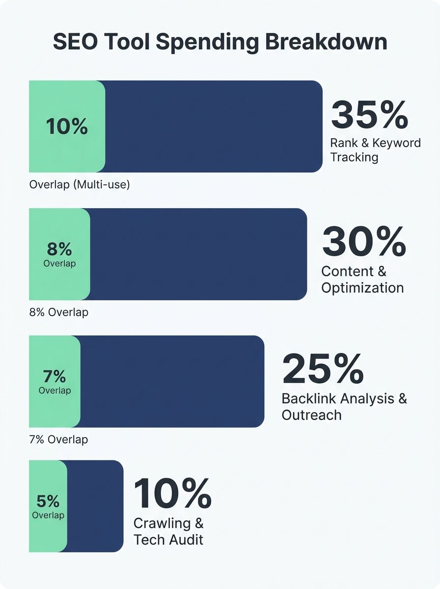 Bar chart showing the typical breakdown of an SEO agency's tool spending across categories like rank tracking, crawling, content optimization, backlink analysis, and local SEO, with overlap percentage