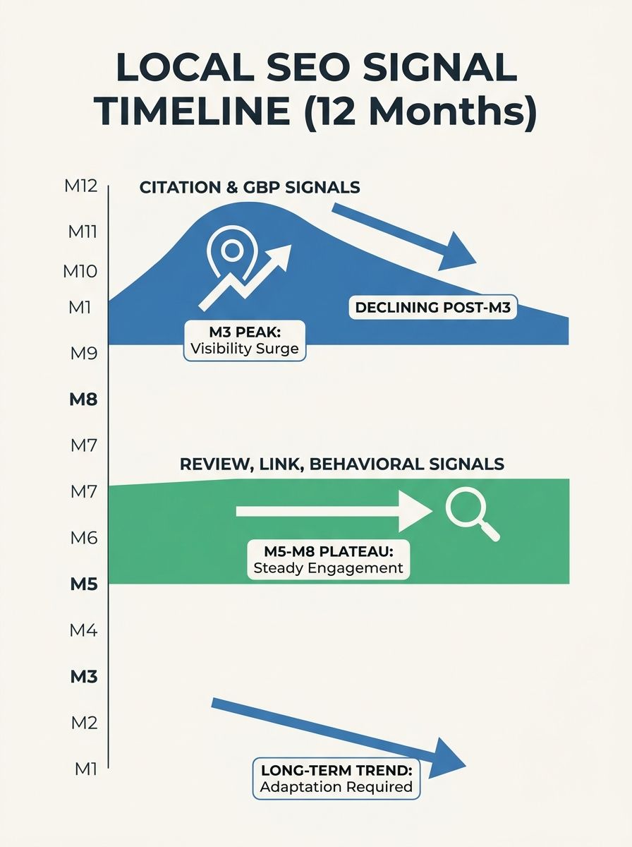 diagram showing the timeline of local SEO signal types over 12 months, with citation and GBP signals peaking at month 3 and declining, while review, link, and behavioral signals remain flat, creating 