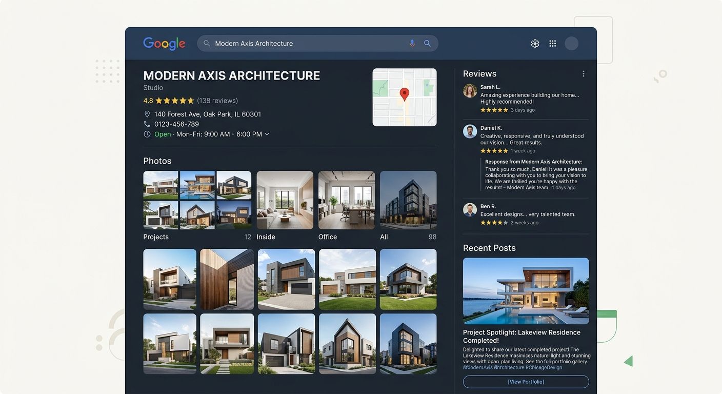 A mockup illustration of a Google Business Profile for an architecture firm, showing project photos in the gallery, a 4.8-star rating with review snippets, a response from the firm owner beneath a rev