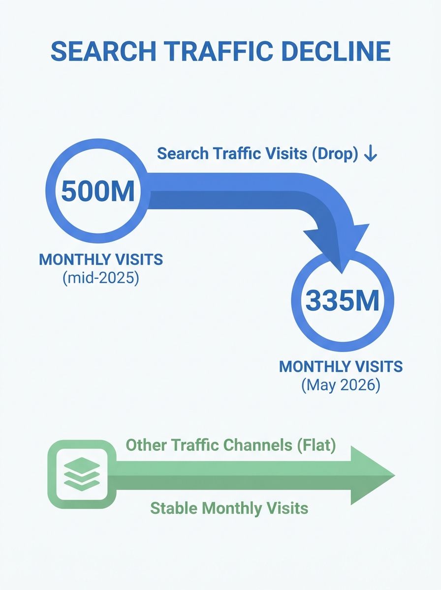 Chart showing decline in search traffic from 500 million monthly visits in mid-2025 to 335 million in May 2026, with other traffic channels remaining flat
