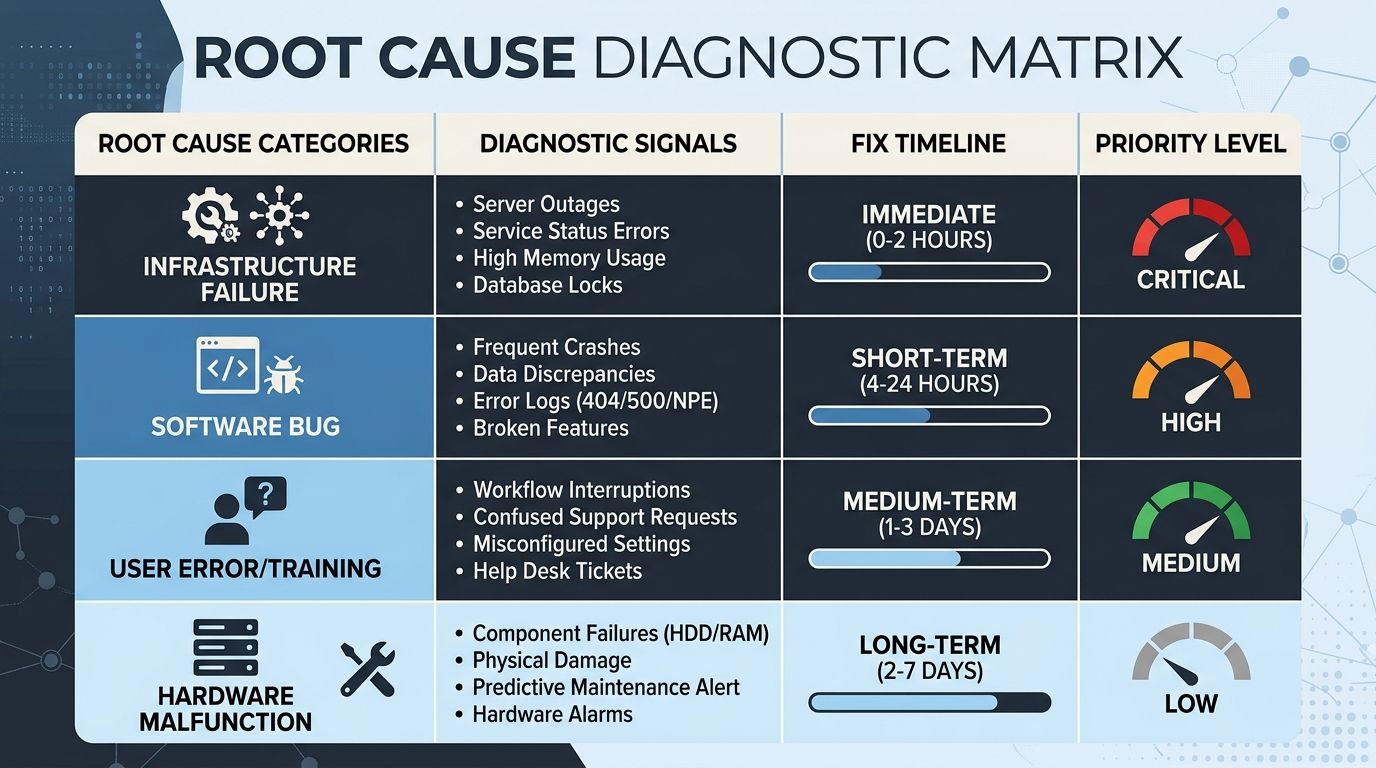 A comparison matrix showing four root cause categories with their diagnostic signals, fix timelines, and priority levels arranged in a structured grid