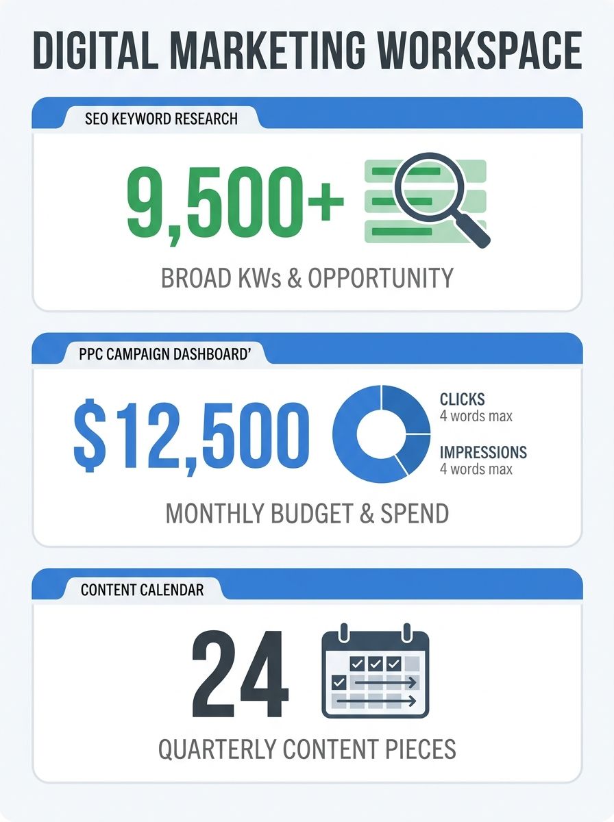 Split-screen workspace showing SEO keyword research spreadsheet, PPC campaign dashboard, and content calendar in separate browser tabs with no overlapping data points