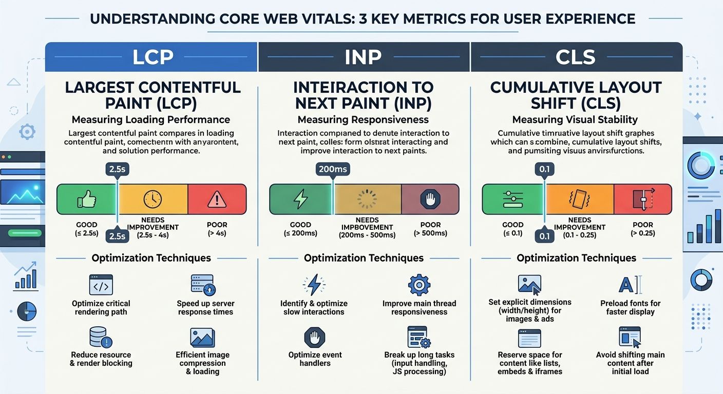 An infographic comparing three Core Web Vitals metrics (LCP 2.5s, INP 200ms, CLS 0.1) with visual indicators showing good, needs improvement, and poor ranges, plus the specific optimization techniques