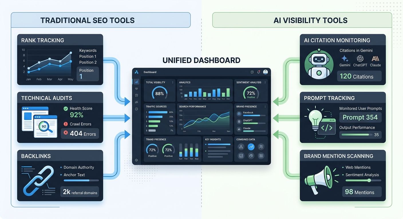 a split diagram showing two columns - Traditional SEO tools on the left (rank tracking, technical audits, backlinks) and AI Visibility tools on the right (AI citation monitoring, prompt tracking, bran