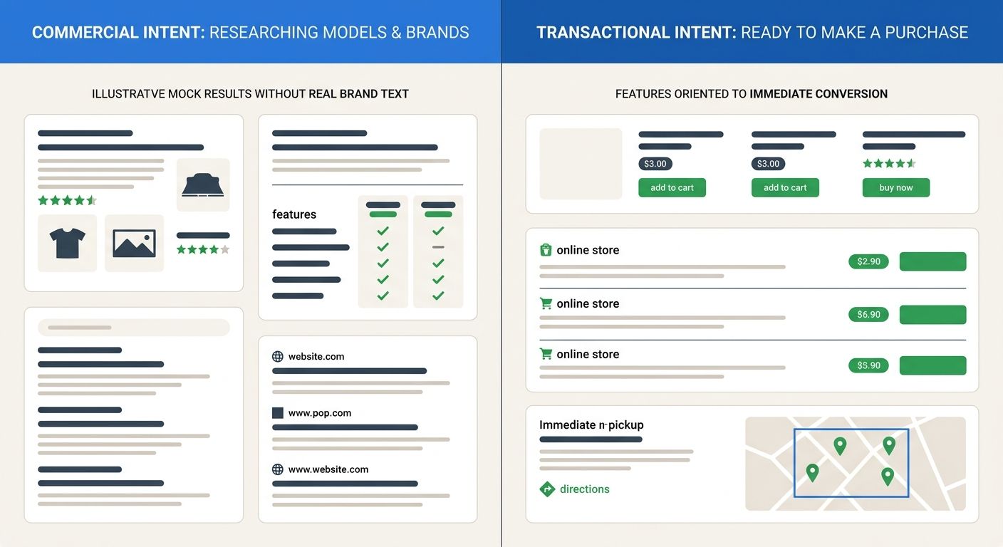 side-by-side comparison showing a commercial intent search result page versus a transactional intent search result page, highlighting the different content types Google serves for each