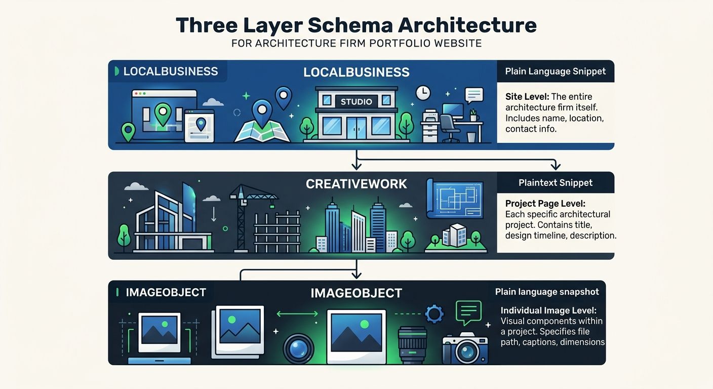 An infographic showing the three-layer schema architecture for an architecture firm portfolio, with LocalBusiness at the site level on top, CreativeWork at the project page level in the middle, and Im
