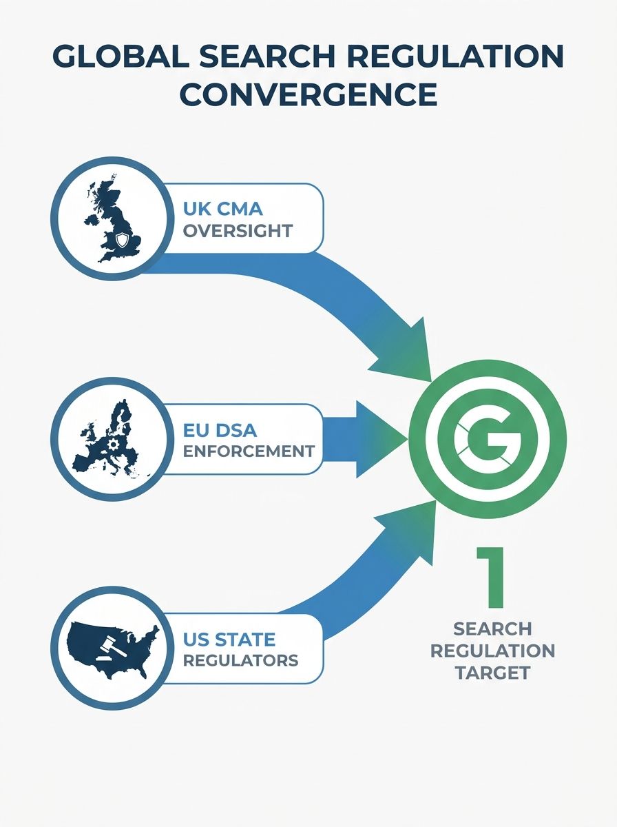 A world map showing interconnected regulatory bodies (UK CMA, EU DSA, US state regulators) with arrows pointing toward a central Google search icon, illustrating the global convergence of search regul