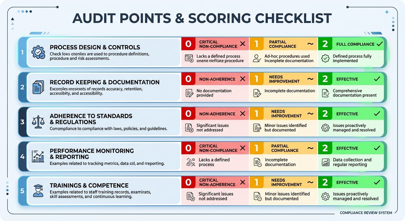A checklist-style graphic showing the five audit points with scoring indicators (0, 1, 2) and examples of what constitutes each score level