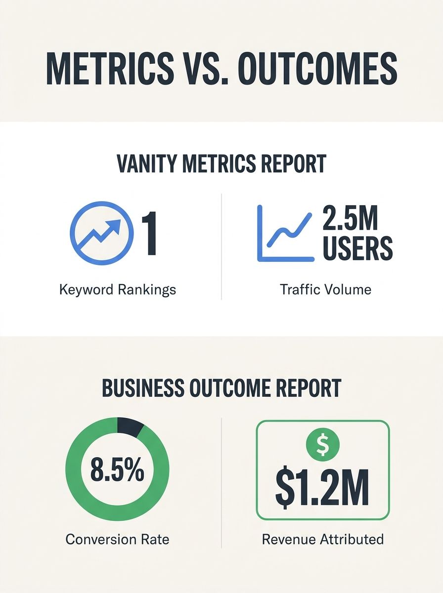 A side-by-side comparison showing a vanity metrics report (keyword rankings, traffic graphs) versus a business outcome report (conversion rates, revenue attribution, lead quality scores)
