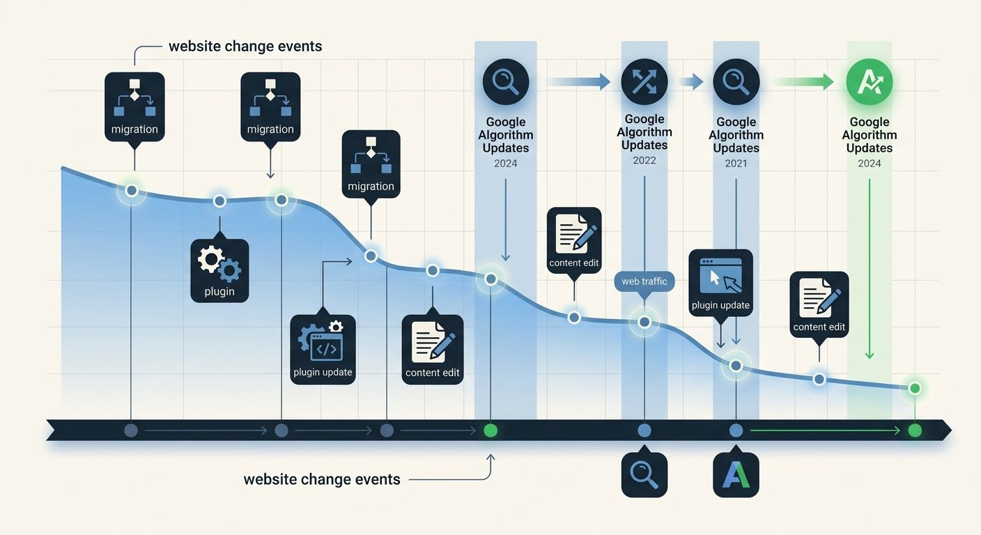 A timeline visualization showing website change events (migration, plugin update, content edit) plotted against a declining organic traffic graph, with Google algorithm update dates overlaid