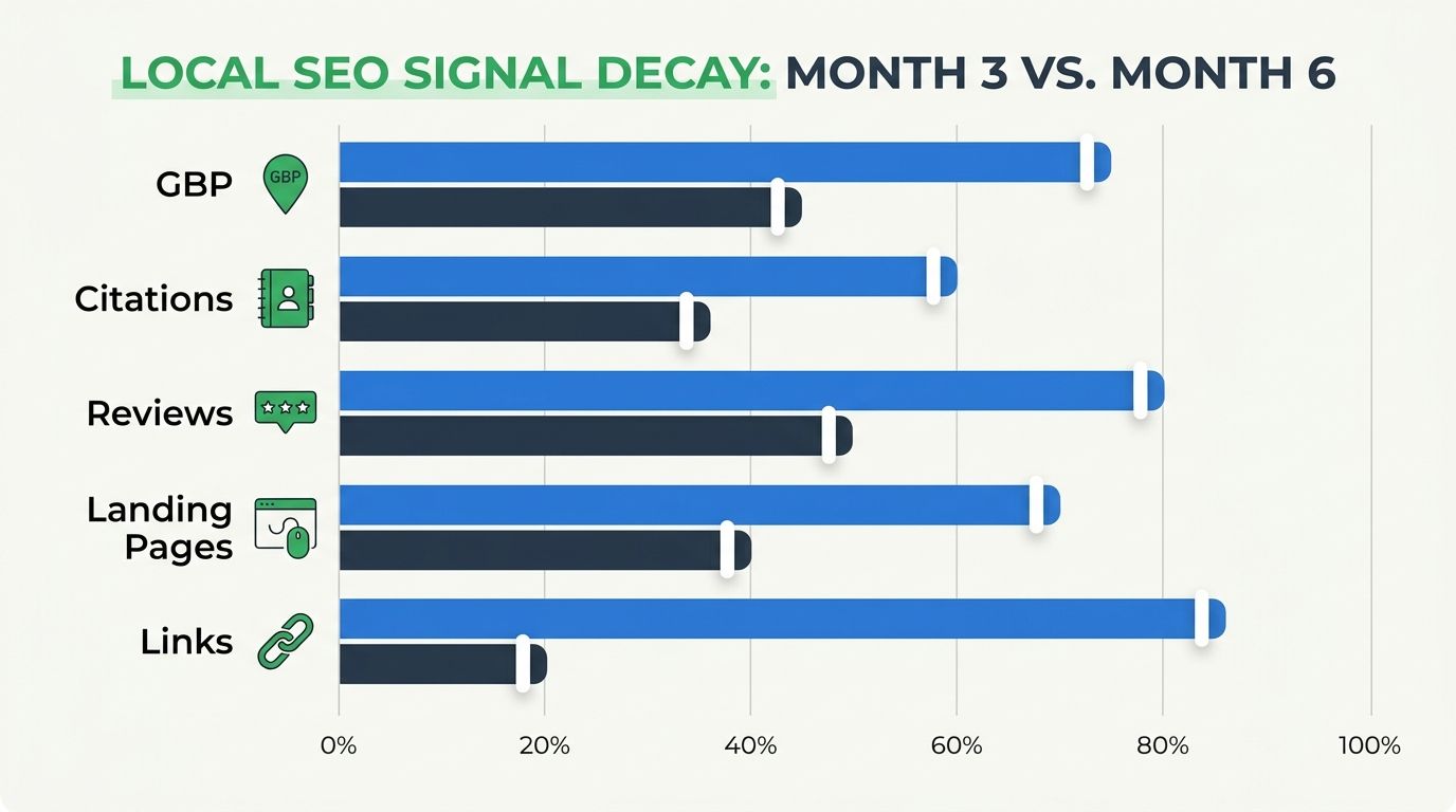 horizontal bar chart showing 5 local SEO signal categories (GBP, citations, reviews, landing pages, links) with two bars each — one showing signal strength at month 3 and one at month 6 — where all 5 