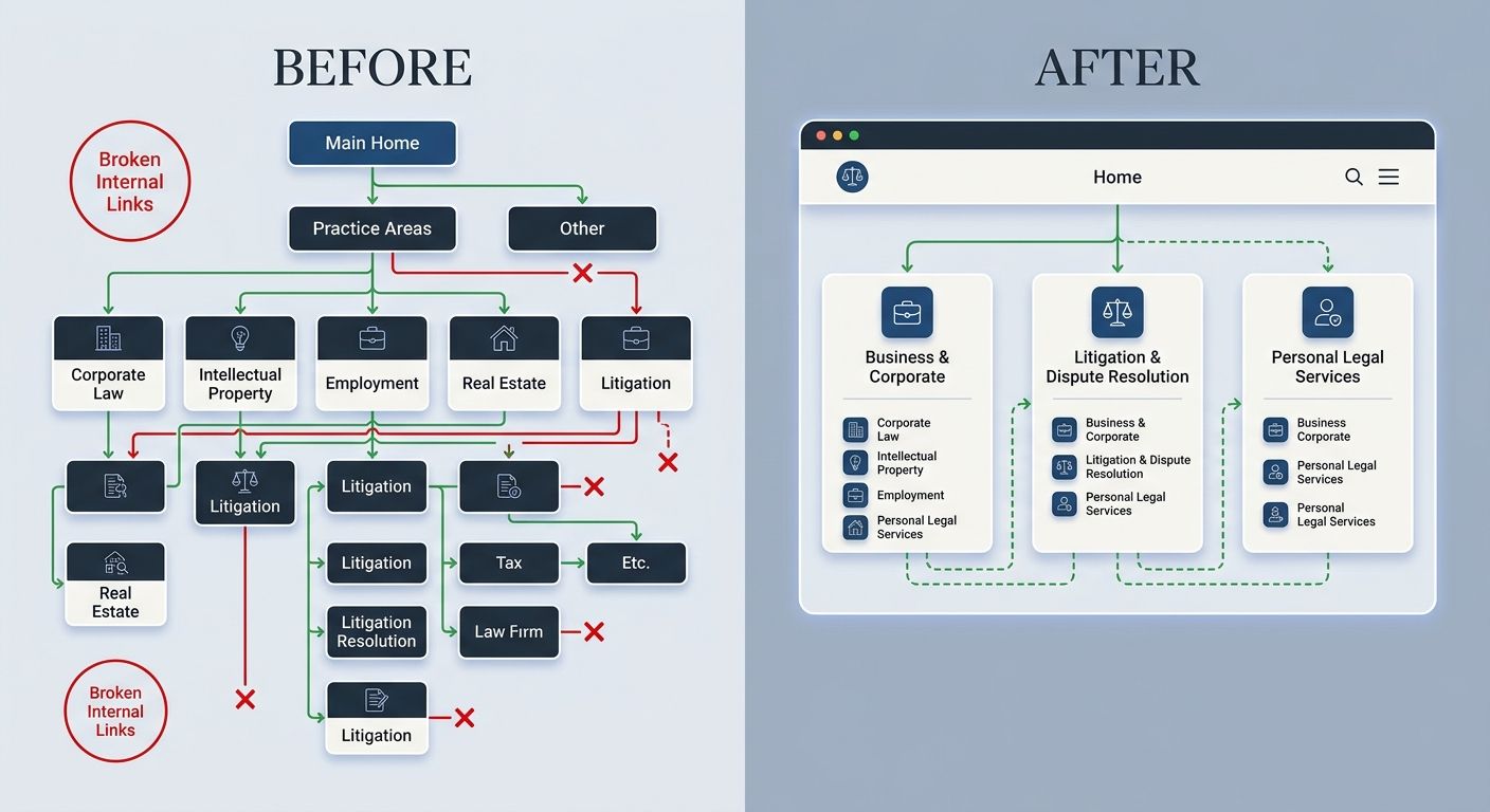 before-and-after comparison of a law firm website structure showing 14 practice area pages consolidated into 3, with broken internal link paths highlighted in red