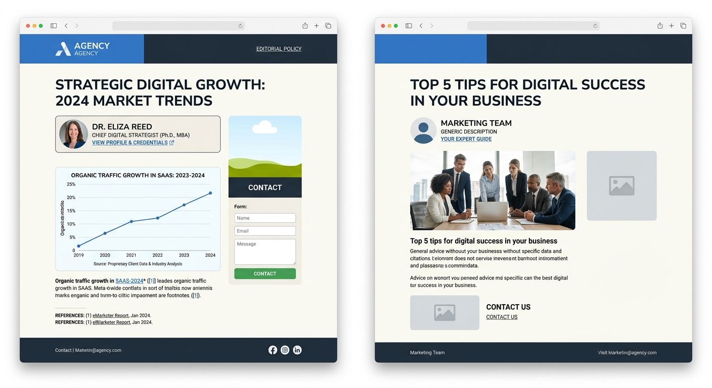 A side-by-side comparison of two agency blog post pages, one with strong E-E-A-T signals (named author with credentials, original data charts, cited sources, editorial policy link) and one with weak s
