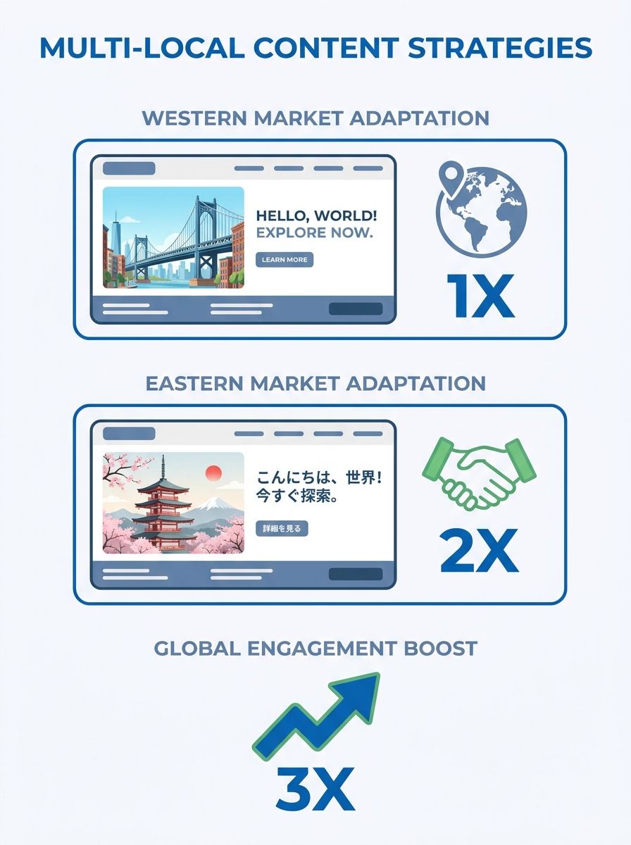 Split-screen visualization showing identical webpage layouts with different regional language customizations and local cultural imagery, representing multi-local content strategies