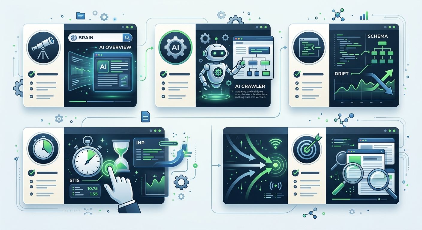 Checklist-style visual showing five capability gaps in typical agency SEO tool stacks with icons for AI Overview tracking, AI crawler verification, schema drift monitoring, INP measurement, and cannib