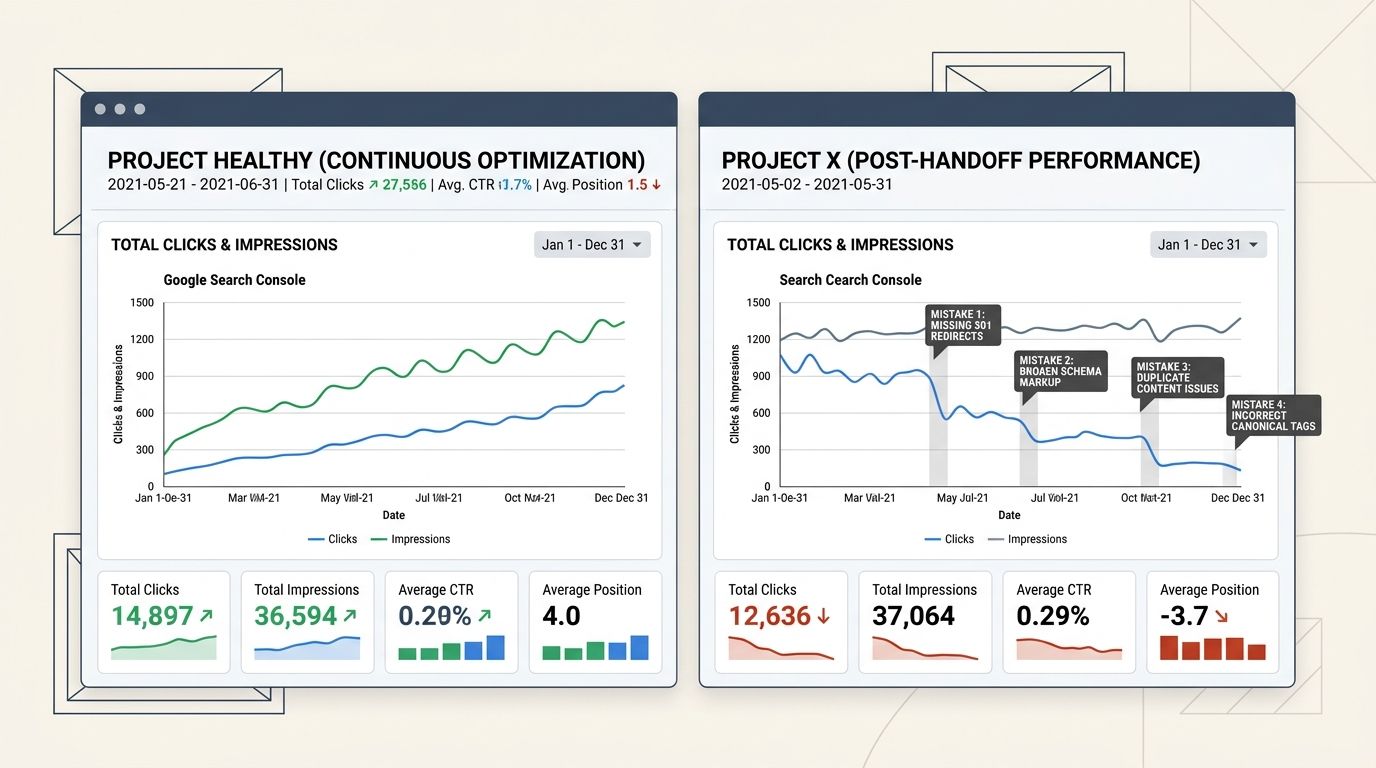 comparison dashboard showing two side-by-side Google Search Console panels, one showing healthy organic traffic trends and one showing a sharp traffic decline with annotations marking key SEO handoff