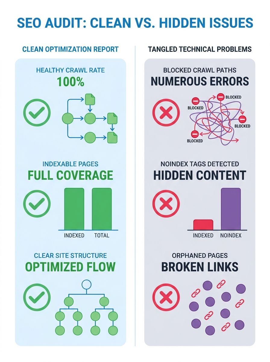 A split-screen illustration showing a clean SEO audit report on one side with all green checkmarks, and on the other side a tangled web of blocked crawl paths, noindex tags, and orphaned pages represe