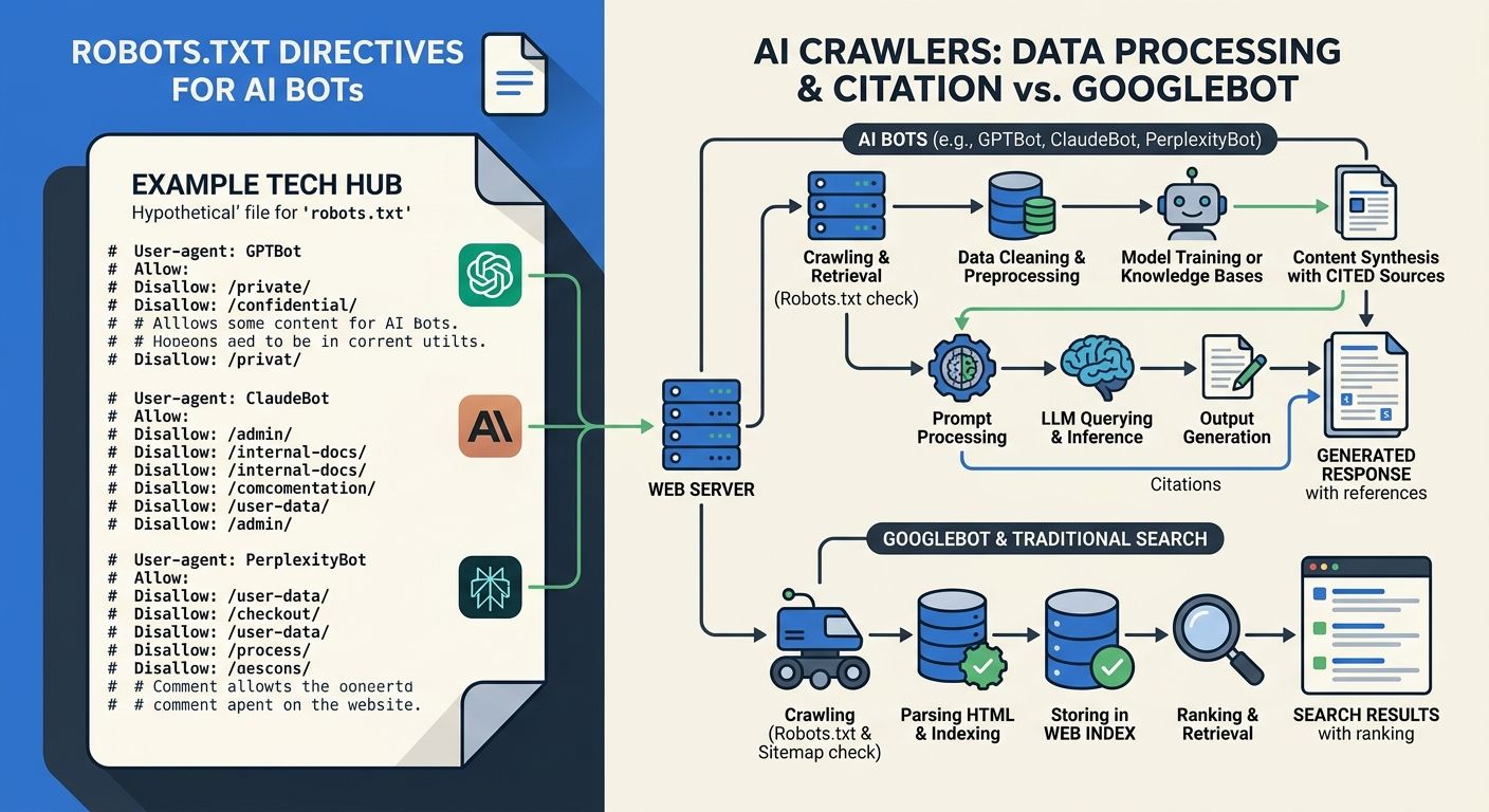 An infographic showing a robots.txt file with GPTBot, ClaudeBot, and PerplexityBot directives, alongside a flowchart showing how AI crawlers process and cite content differently from Googlebot