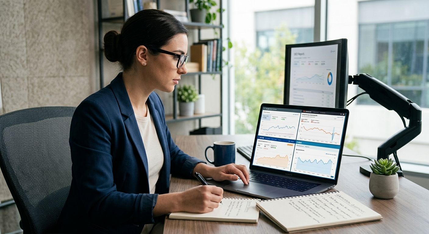 A person reviewing multiple data dashboards on a laptop screen showing conflicting SEO metrics, with a notepad beside them listing verification questions