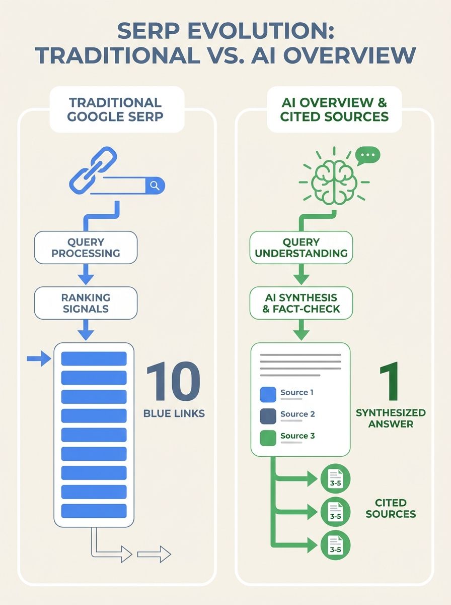 A side-by-side comparison showing a traditional Google SERP with blue links on the left and an AI Overview with cited sources on the right, highlighting how different content gets selected for each