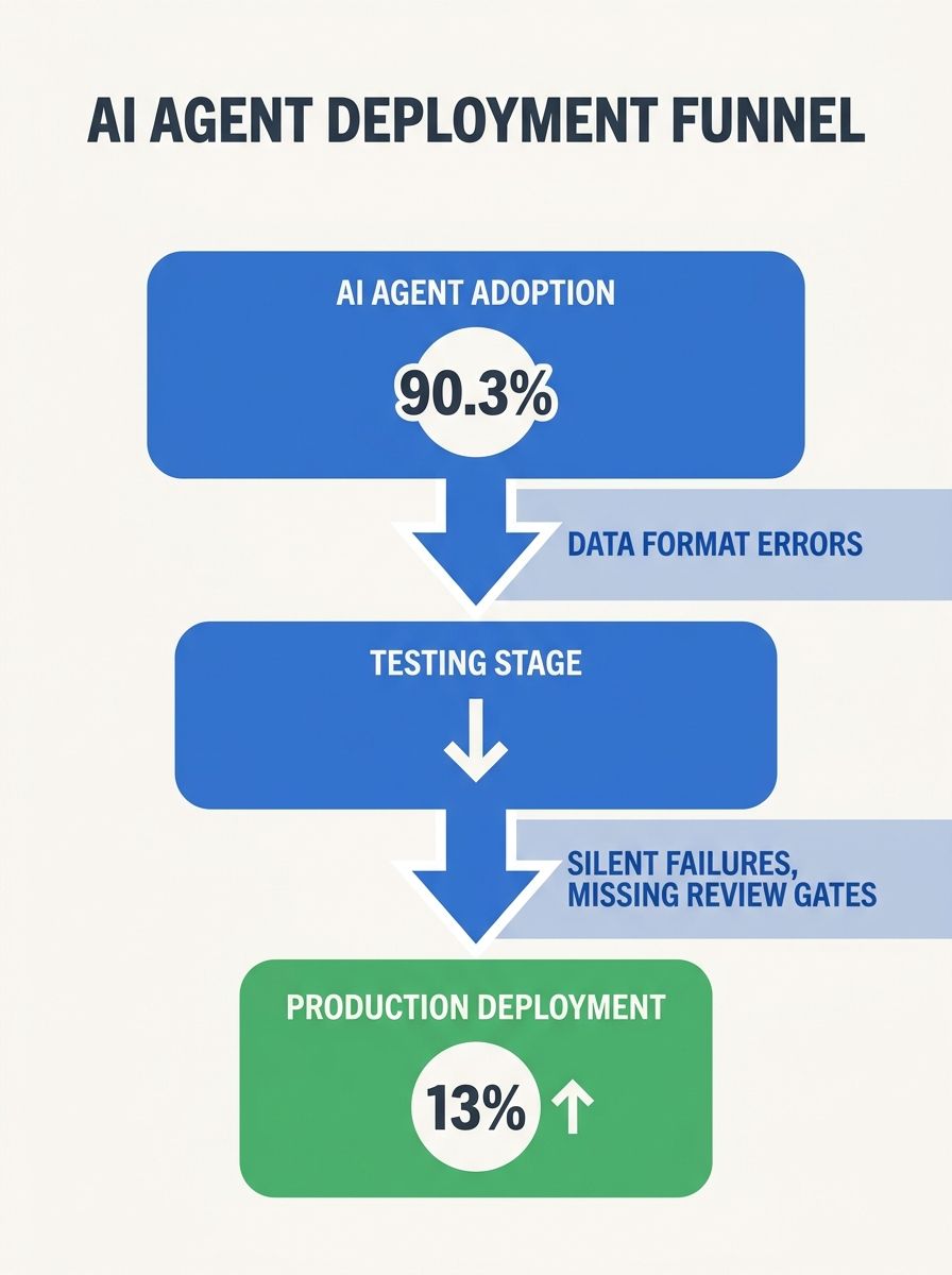 diagram showing the progression from AI agent adoption at 90.3% through testing to production deployment at 13%, with labeled failure points at each stage including data format errors, silent failures