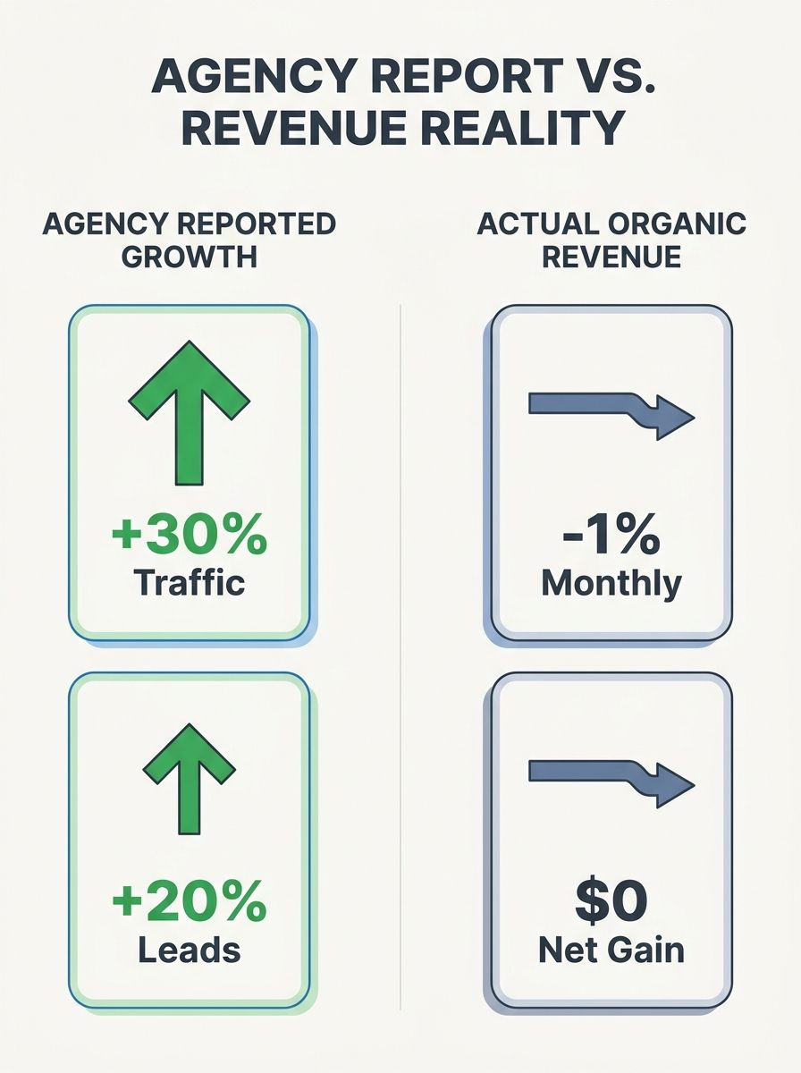 A side-by-side comparison showing an agency monthly report with green upward arrows and positive metrics on the left, contrasted with actual revenue data showing flat or declining organic search reven