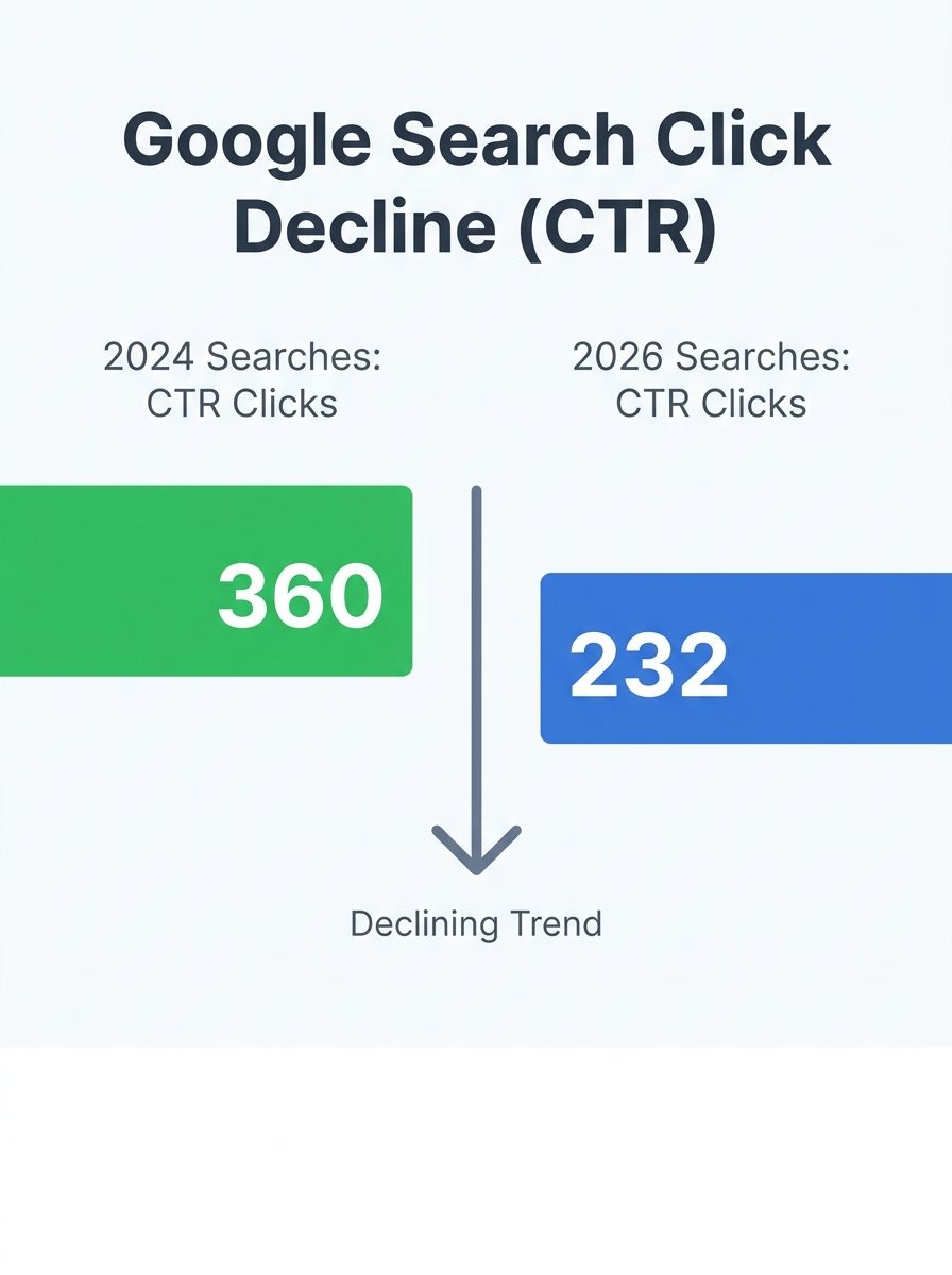 Bar chart showing declining click-through rates from Google search to external websites, with 232 clicks per 1,000 searches in 2026 compared to 360 in 2024