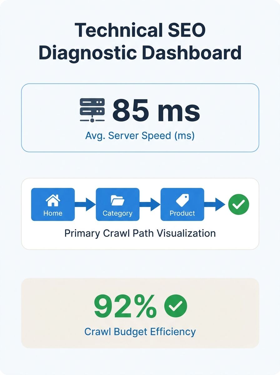 Technical SEO diagnostic dashboard showing server response time metrics and crawl path analysis