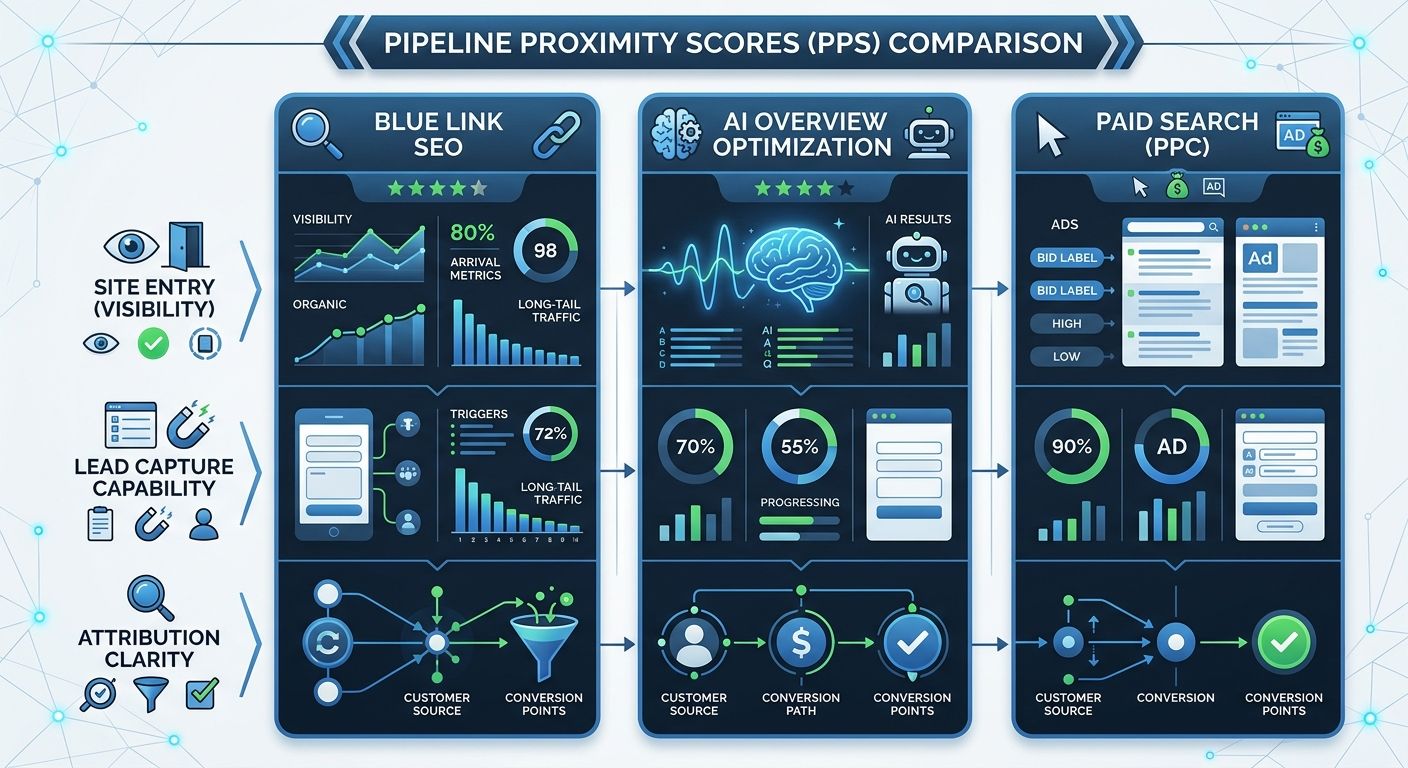 a three-column comparison table visualization showing Pipeline Proximity Scores for blue link SEO, AI Overview optimization, and paid search, with ratings for site entry, lead capture capability, and