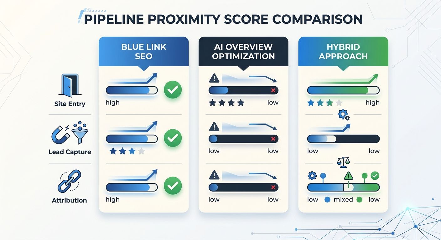 infographic comparing the Pipeline Proximity Score across three optimization approaches: blue link SEO showing high scores for site entry, lead capture, and attribution; AI Overview optimization showi