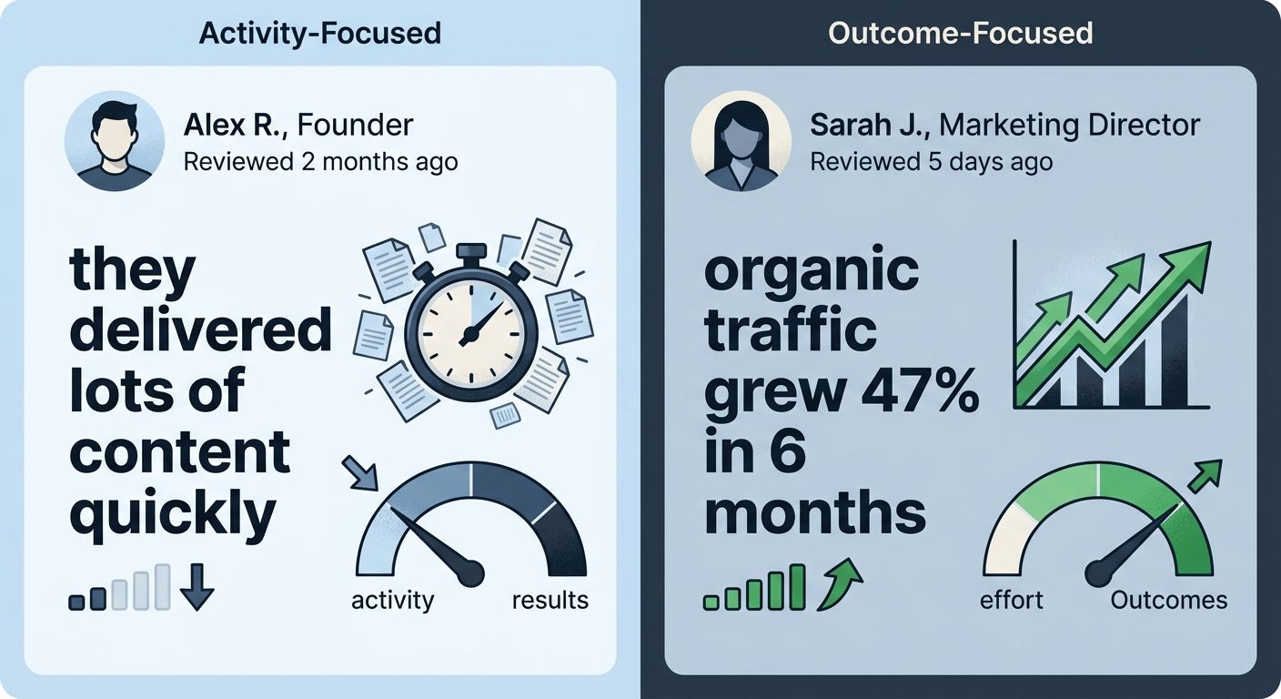 a side-by-side visual showing two client review excerpts — one vague and activity-focused saying "they delivered lots of content quickly" versus one specific and outcome-focused saying "organic traffi