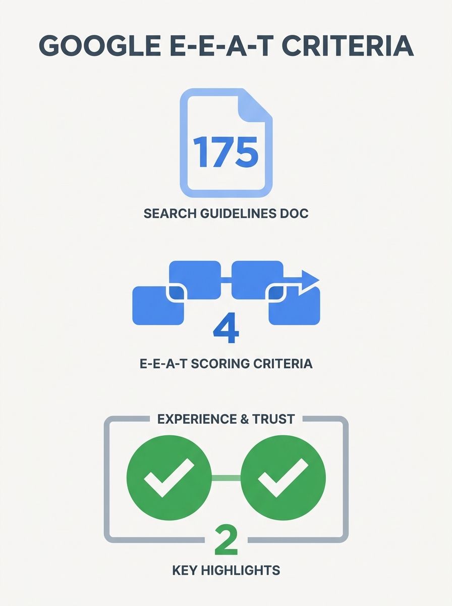A visual of Google's 175-page Search Quality Rater Guidelines document open to a section about E-E-A-T scoring criteria, with highlighted sections about Experience and Trust