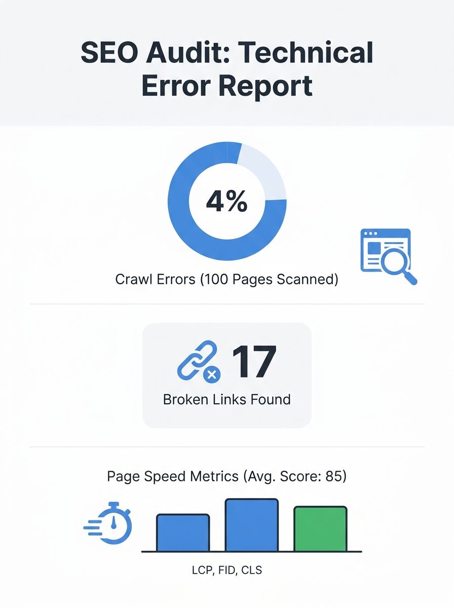 SEO audit dashboard showing technical error report with crawl data, broken links count, and page speed metrics