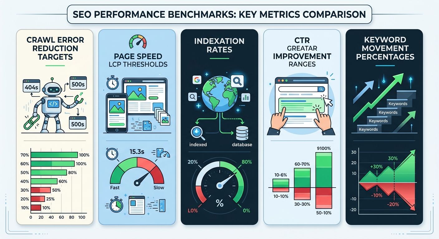 An infographic comparing healthy SEO performance benchmarks across five metrics: crawl error reduction targets, page speed LCP thresholds, indexation rates, CTR improvement ranges, and keyword movemen
