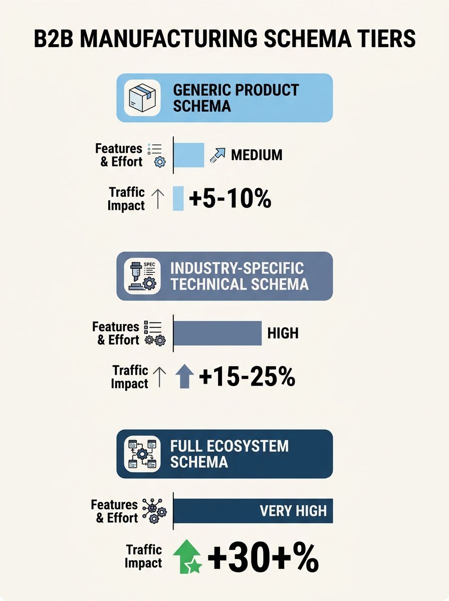 infographic comparing three tiers of B2B manufacturing schema markup - generic product schema, industry-specific technical schema, and full ecosystem schema - showing features, implementation effort,