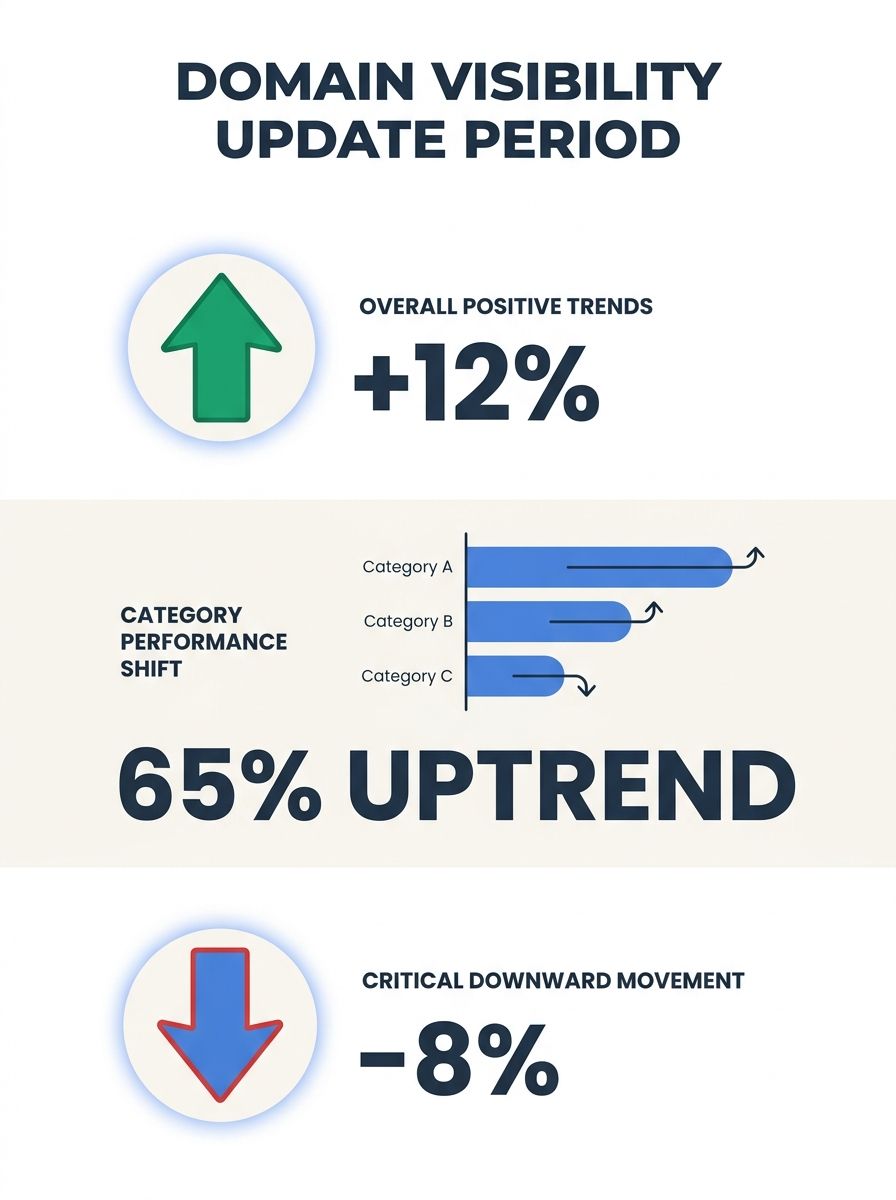 Analytics dashboard showing domain visibility changes with upward and downward trend arrows across different website categories during Google core update period