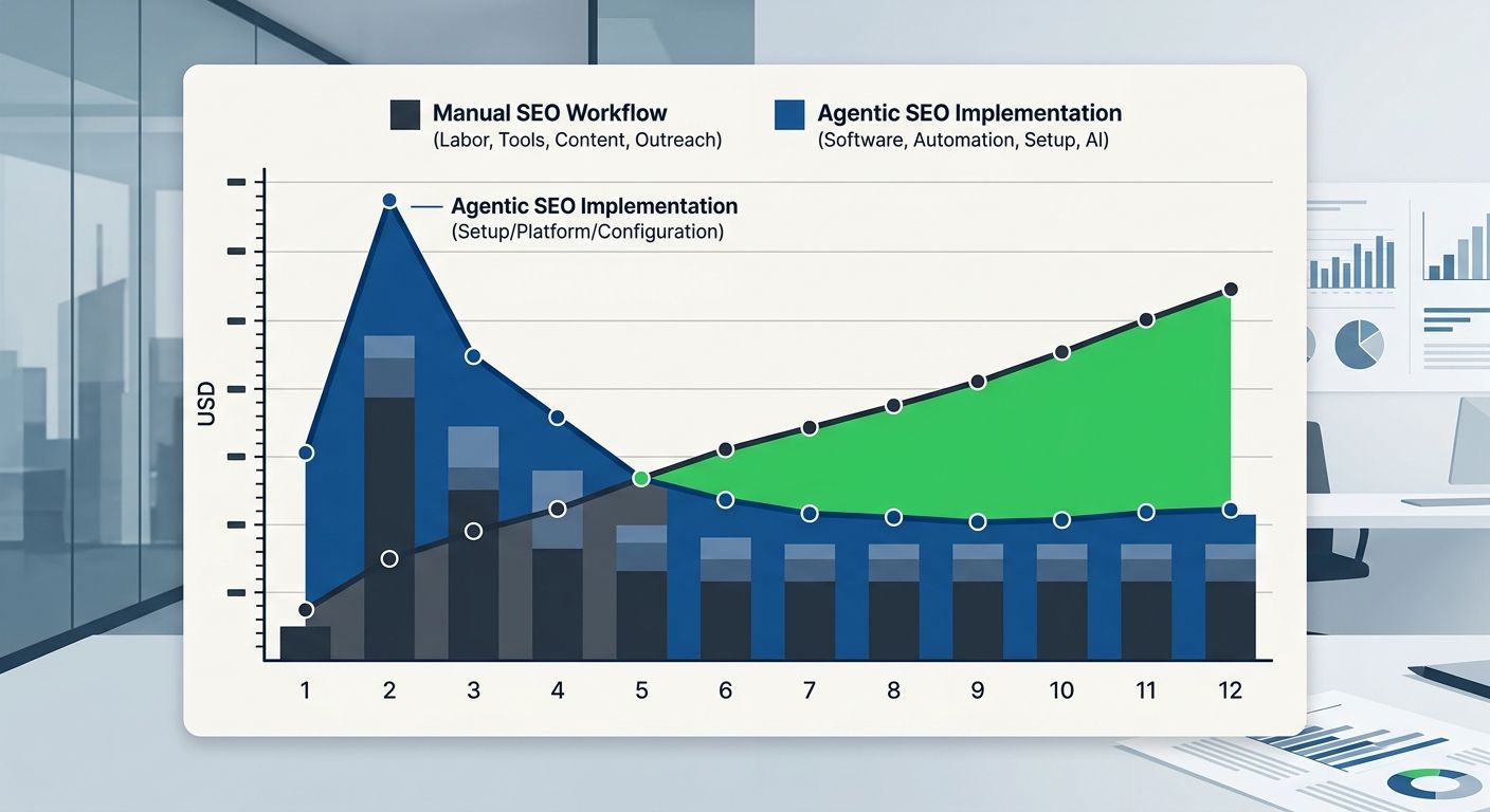 cost breakdown chart comparing manual SEO workflow costs versus agentic SEO implementation costs over a 12-month period, showing the initial investment spike and the long-term savings crossover point 