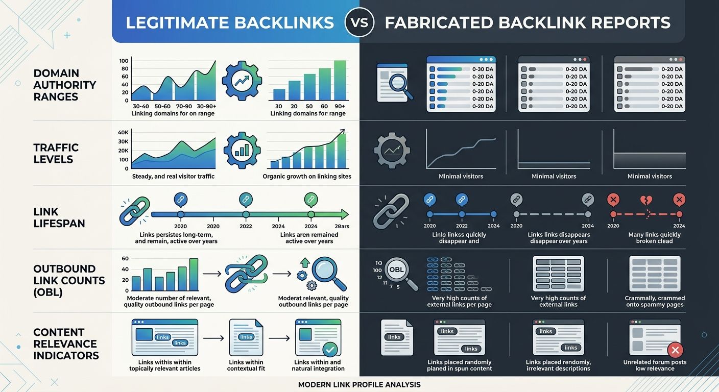 An infographic comparing five characteristics of legitimate backlinks versus fabricated backlink reports, showing domain authority ranges, traffic levels, link lifespan, outbound link counts, and cont