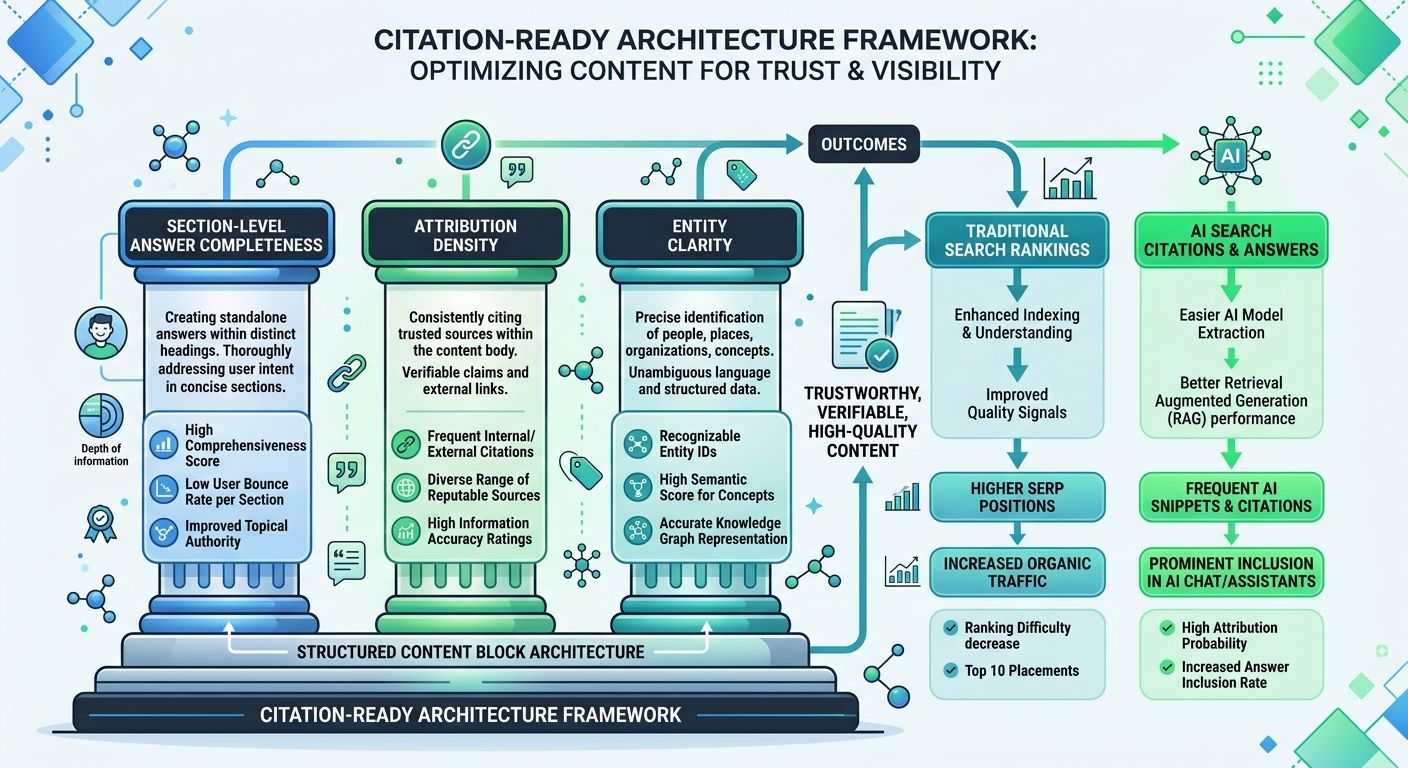 Infographic showing the Citation-Ready Architecture framework with three pillars (section-level answer completeness, attribution density, entity clarity) connected to outcomes for both traditional ran
