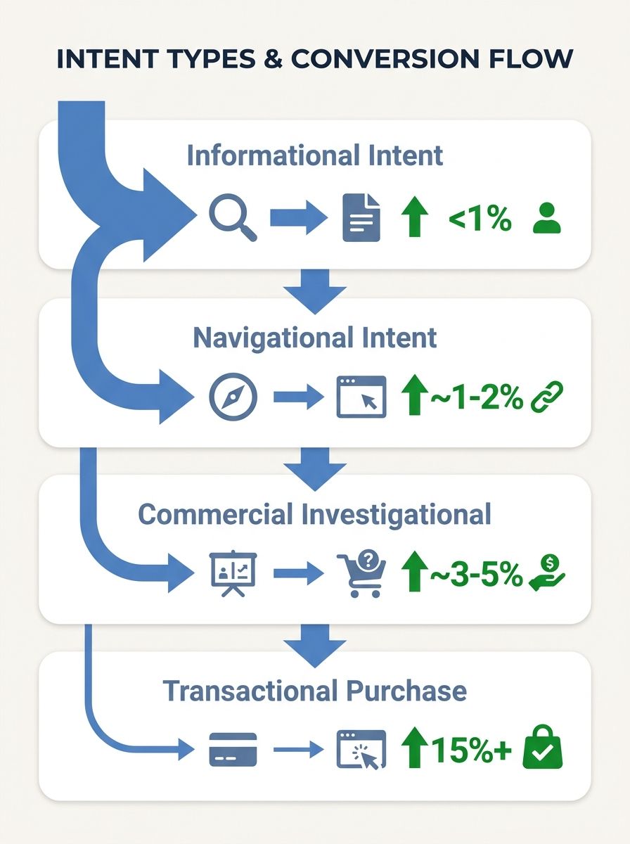 infographic showing four intent types (informational, navigational, commercial, transactional) mapped to corresponding content formats and typical conversion rates, with arrows showing how volume-firs