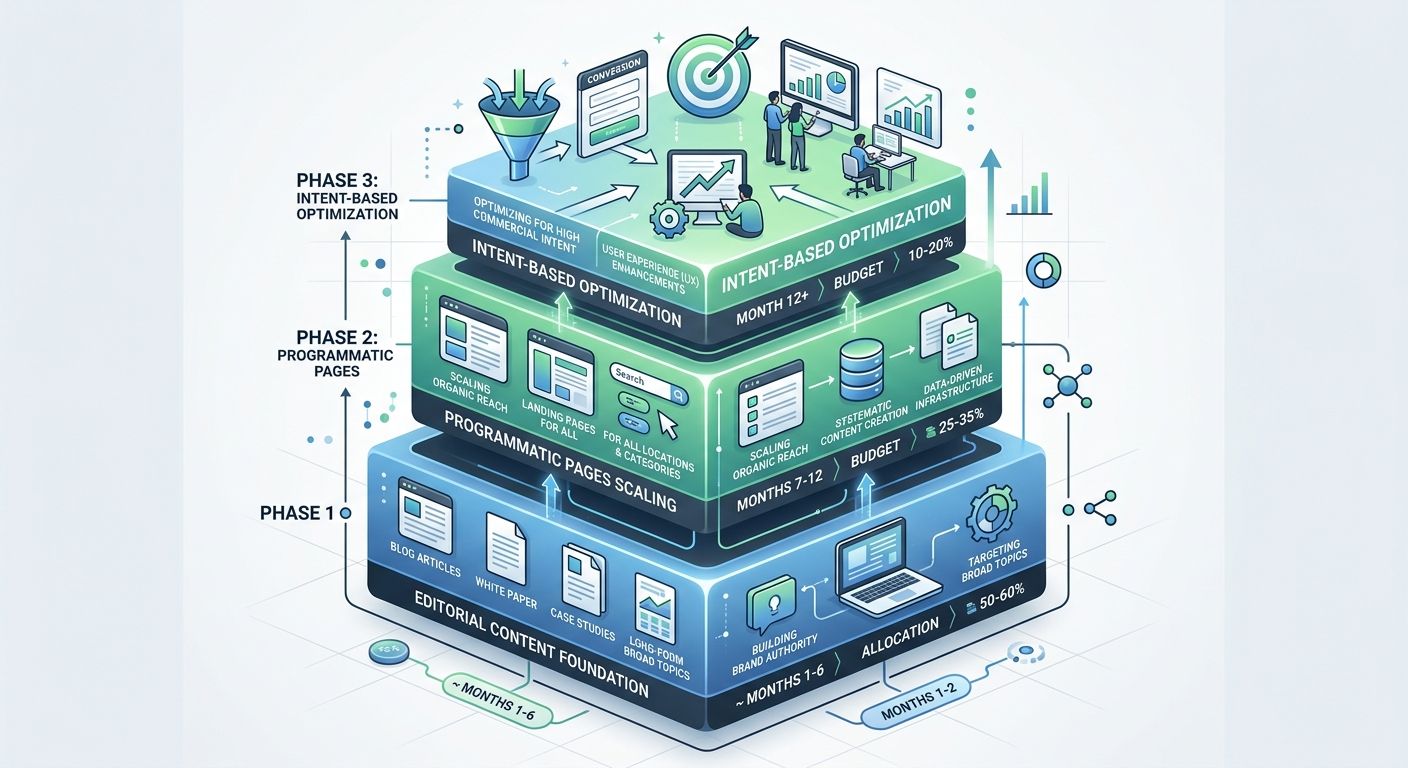 An infographic showing a three-phase B2B SEO sequencing model with editorial content as the foundation layer, programmatic pages as the middle scaling layer, and intent-based optimization as the top c
