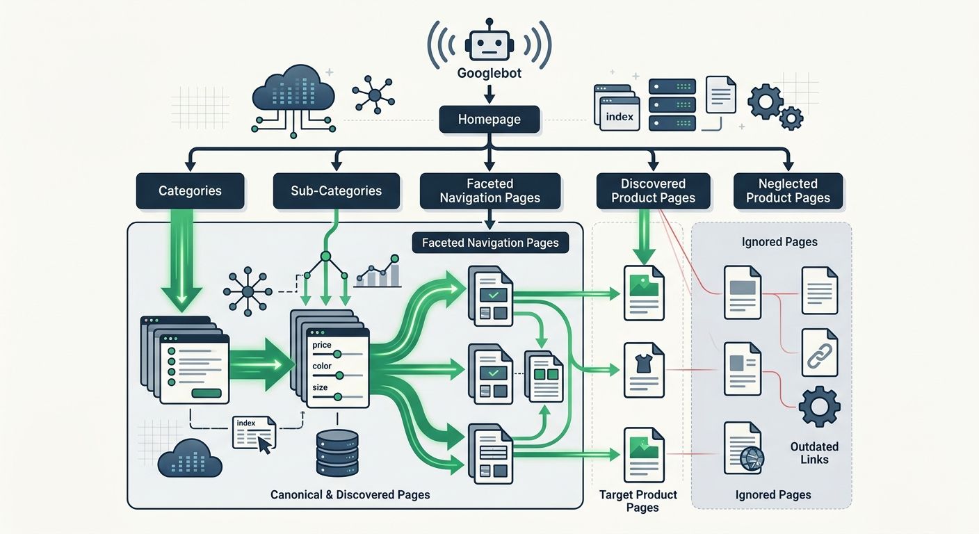 A diagram showing Googlebot's crawl path through an eCommerce site, with thick green arrows pointing to faceted navigation pages consuming crawl budget and thin red arrows showing neglected product pa