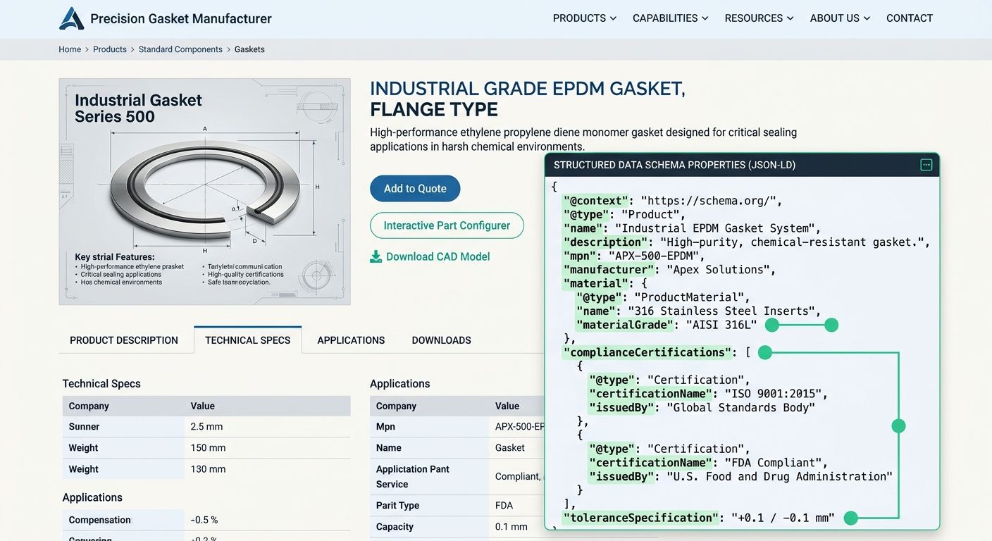 example of a B2B manufacturer's product page with industry-specific schema properties highlighted, showing material grade, compliance certifications, and tolerance specifications marked up as structur